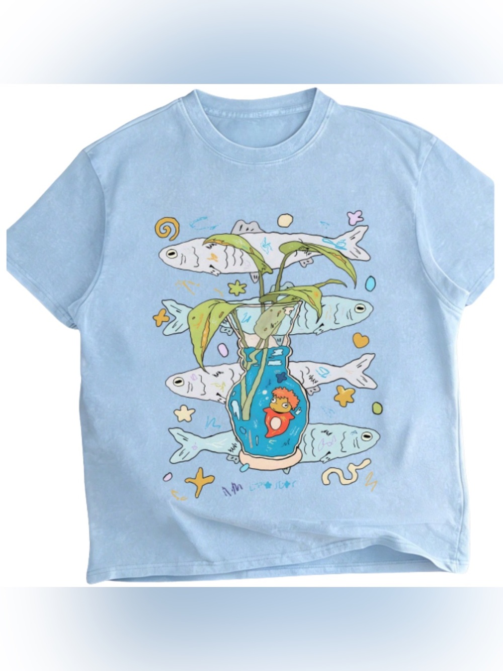 Comfort Vintage Light Blue Ponyo Graphic Tee - Retro Anime Print Shirt